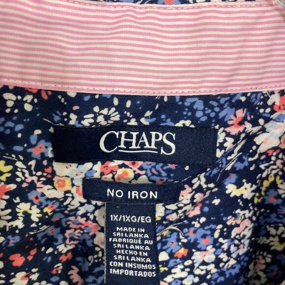 Chaps size 1X Navy Ditsy Floral No Iron 3/4 Sleeve Button Down Preppy Office - Picture 2 of 11
